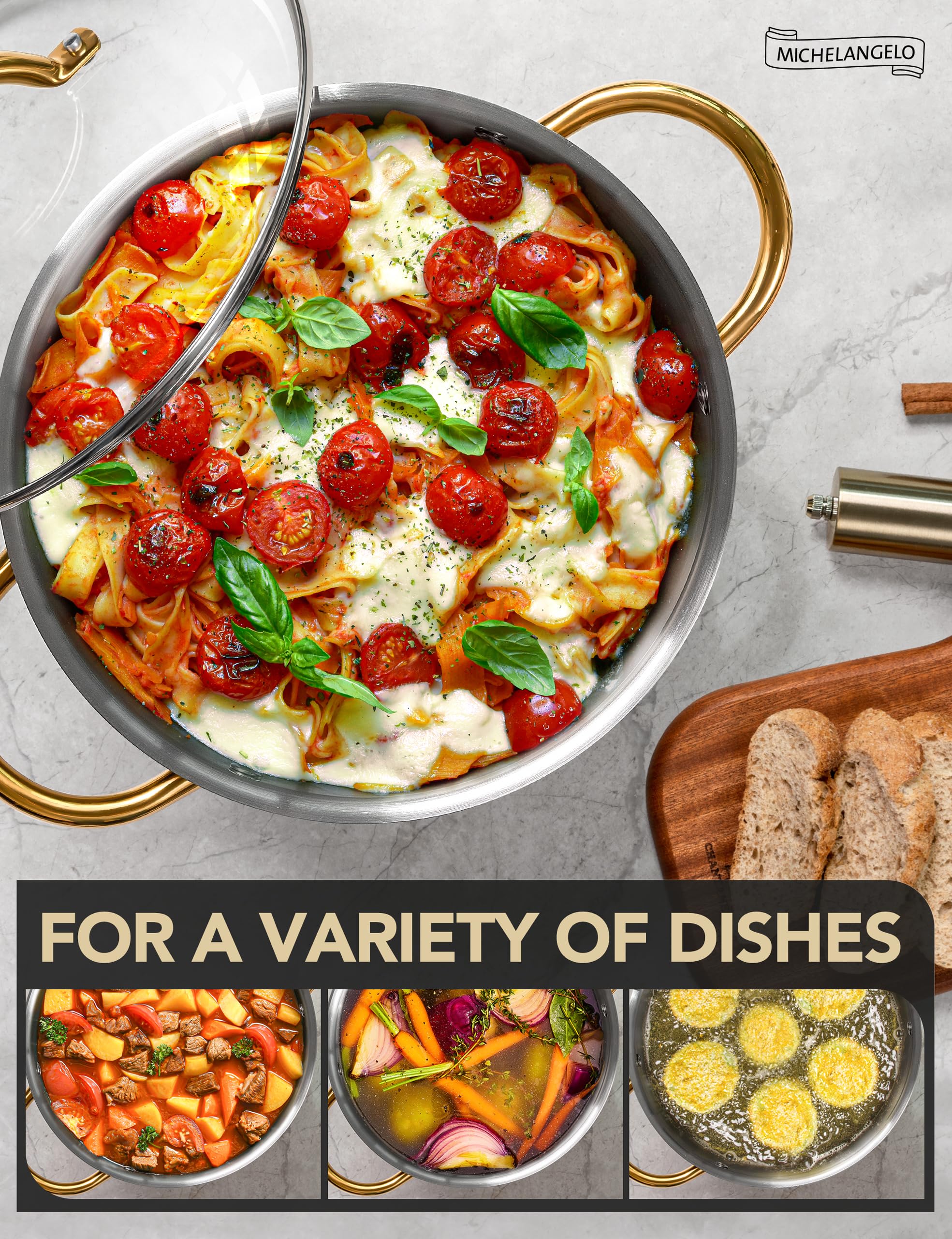 Michelangelo stock pot oven-safe versatility supports finishing dishes in the oven.