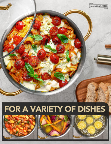 Michelangelo stock pot oven-safe versatility supports finishing dishes in the oven.