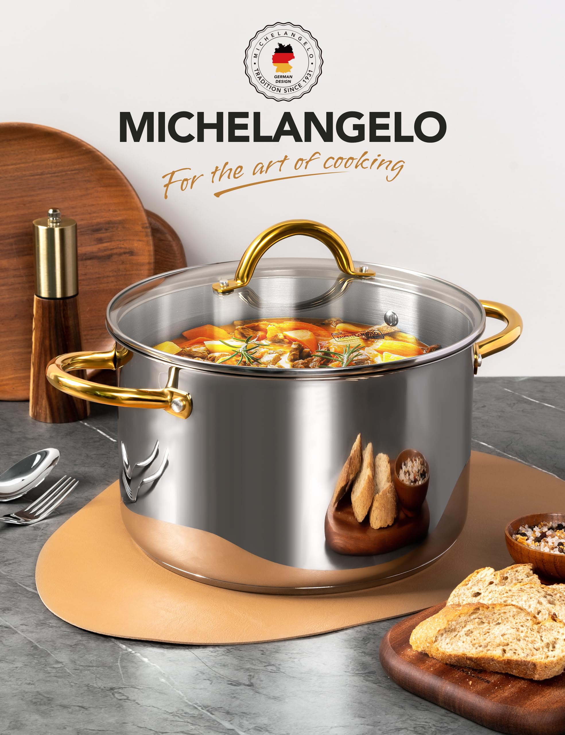 Michelangelo stock pot vented glass lid keeps moisture visible while controlling boil.