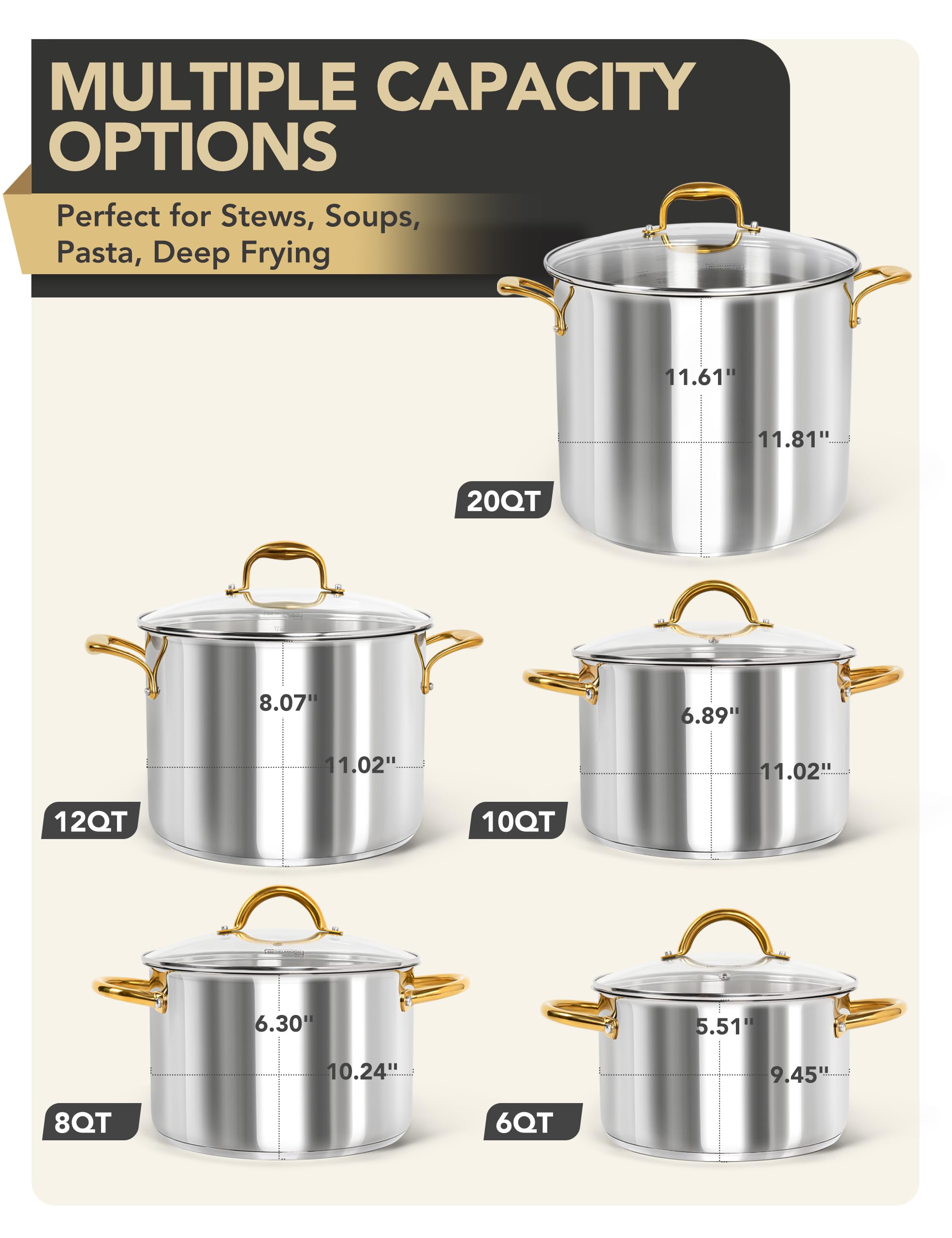 Michelangelo stock pot 8qt ideal for seafood, pasta, soups, and broths.