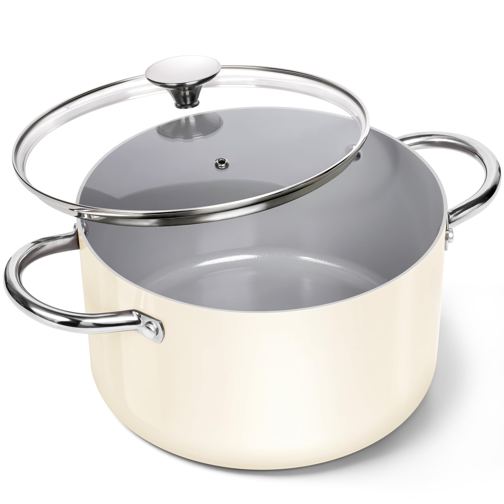 Michelangelo stockpot with ceramic coating shows smooth nonstick surface for healthier cooking.