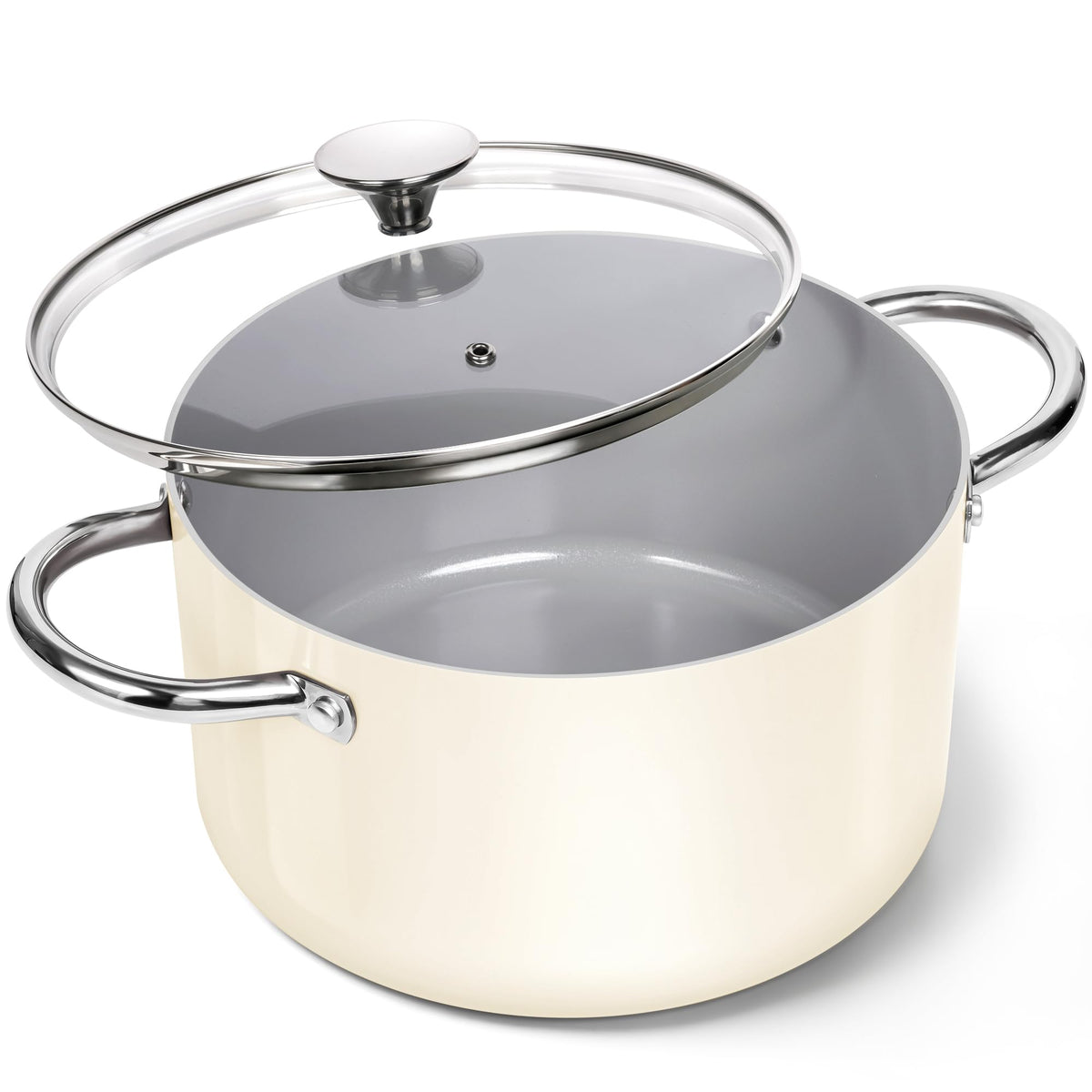 Michelangelo stockpot with ceramic coating shows smooth nonstick surface for healthier cooking.