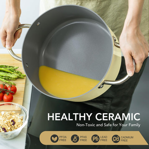 Michelangelo stockpot glass lid highlights clear view for monitoring simmering food.