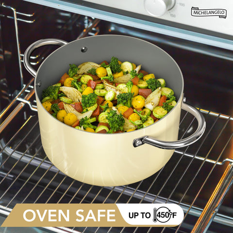 Michelangelo stockpot induction-compatible base works on all stovetops for flexibility.
