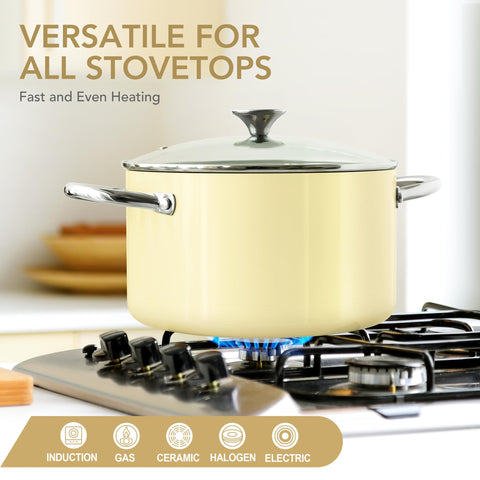 Michelangelo stockpot oven-safe up to 450°F for finishing dishes in the same pot.