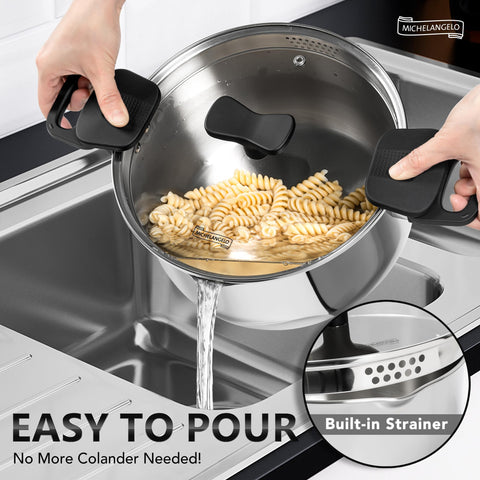 MICHELANGELO swivel-handle lid pasta pot enables safe, one-handed draining