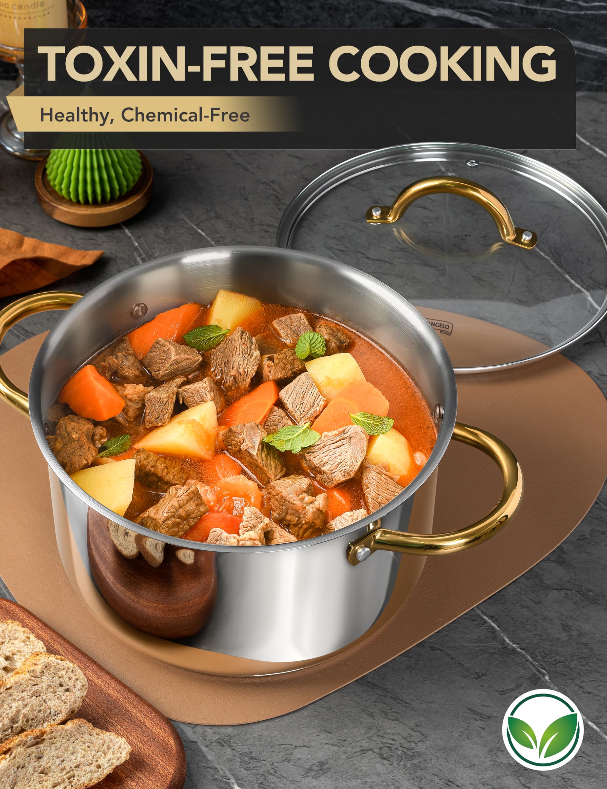 MICHELANGELO tri-ply base delivers even heat for fuss-free simmering.