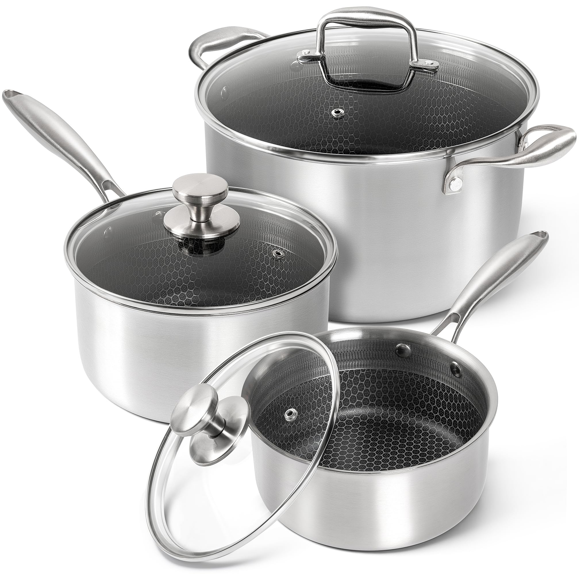 MICHELANGELO tri-ply pot set on counter, ideal for versatile sauces and stocks.