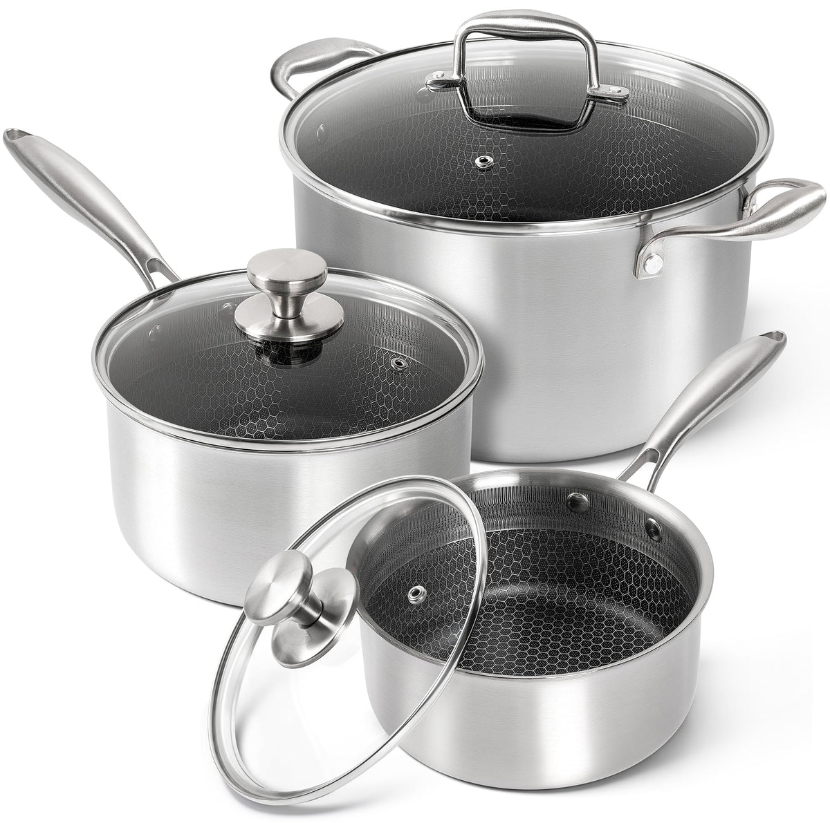 MICHELANGELO tri-ply pot set on counter, ideal for versatile sauces and stocks.
