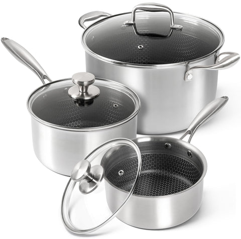 MICHELANGELO tri-ply pot set on counter, ideal for versatile sauces and stocks.
