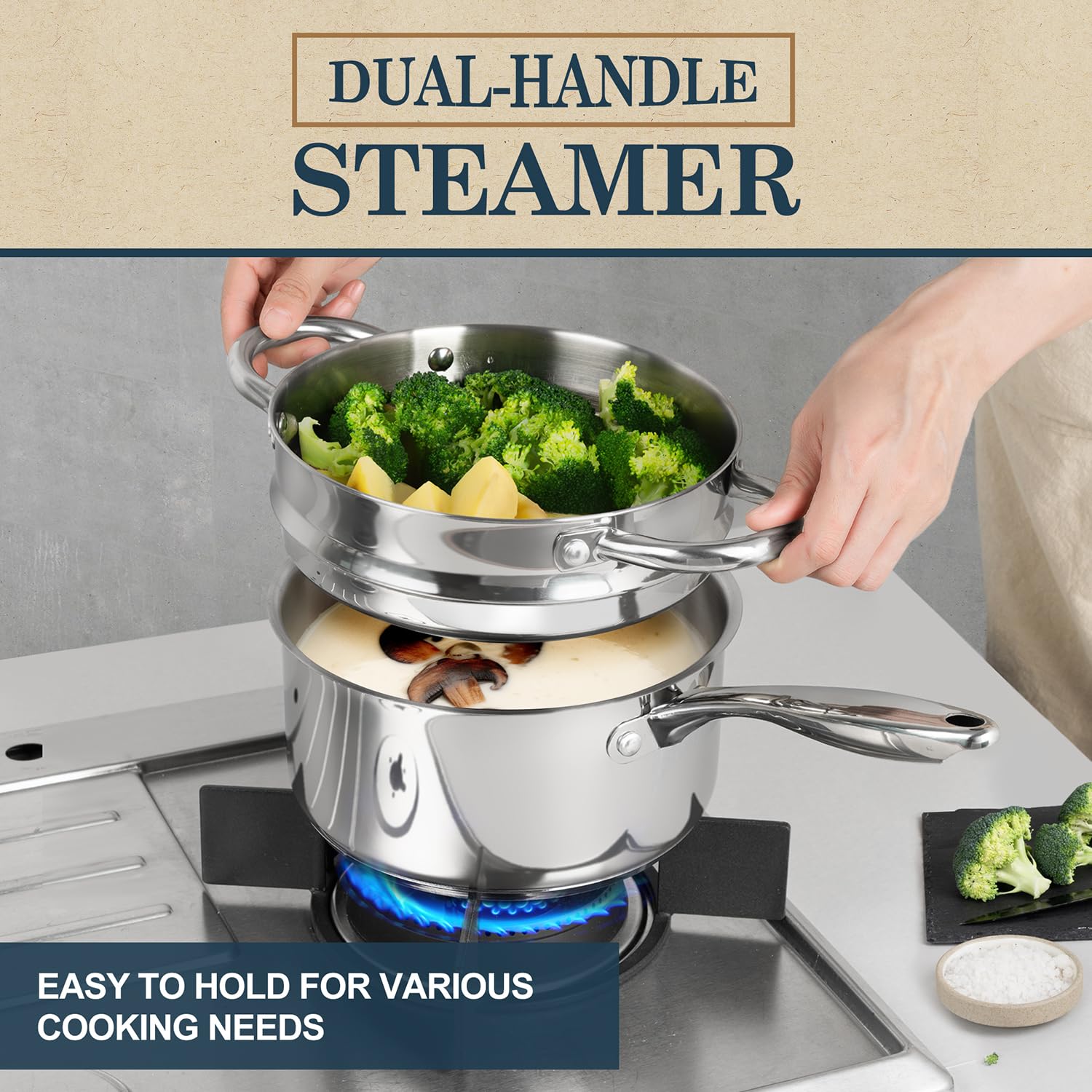 Michelangelo triply bottom stainless steel saucepot for even heating.