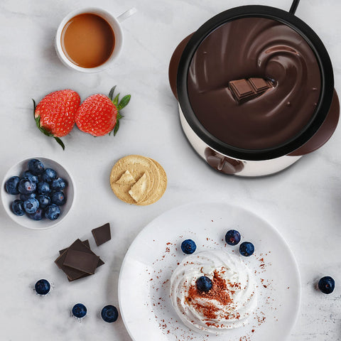 Micnaron party-ready fondue setup with desserts and dipping ideas