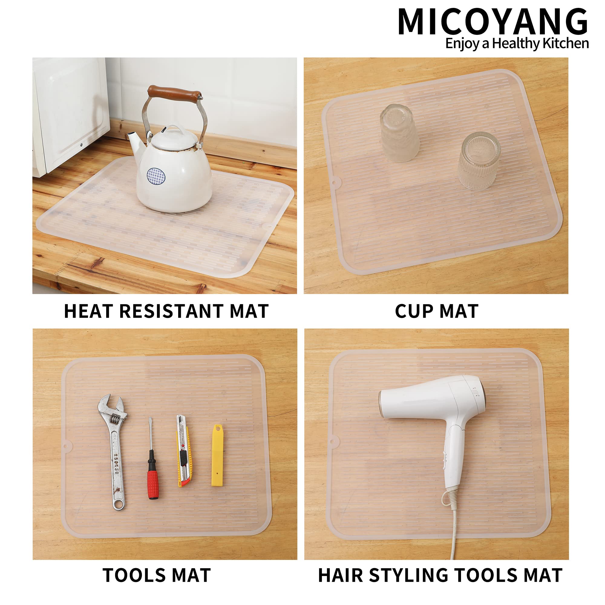 MicoYang silicone dish drying mat resting hot cookware up to 450°F for heat protection.