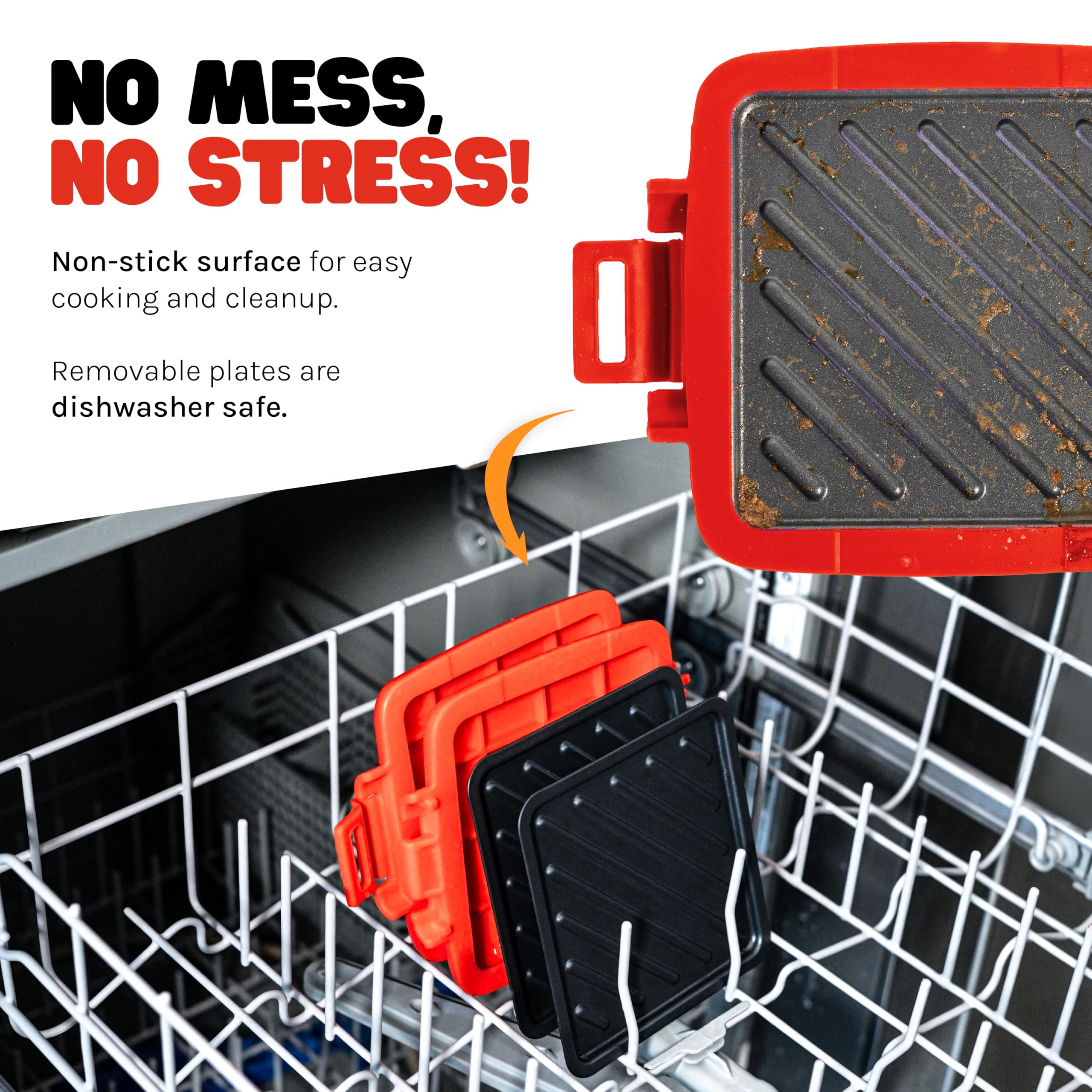 Micro Grill red model highlights dishwasher-safe use and color.