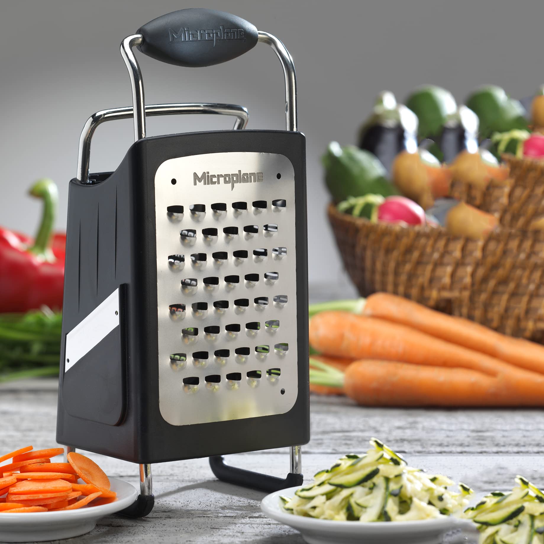 Microplane four-sided box grater detachable fine blade for easy cleaning.
