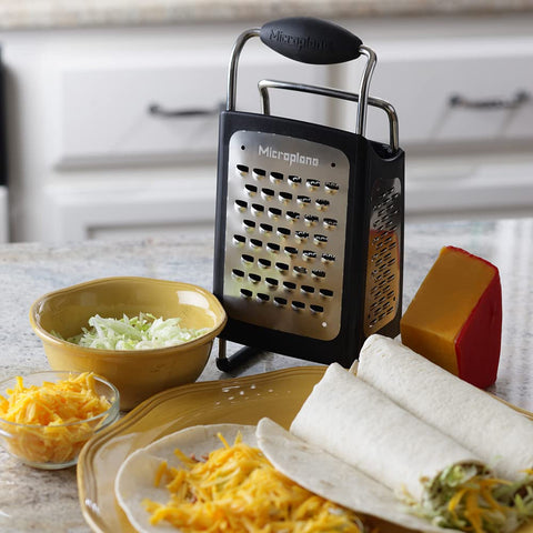 Microplane four-sided box grater non-slip feet, stable on countertop.