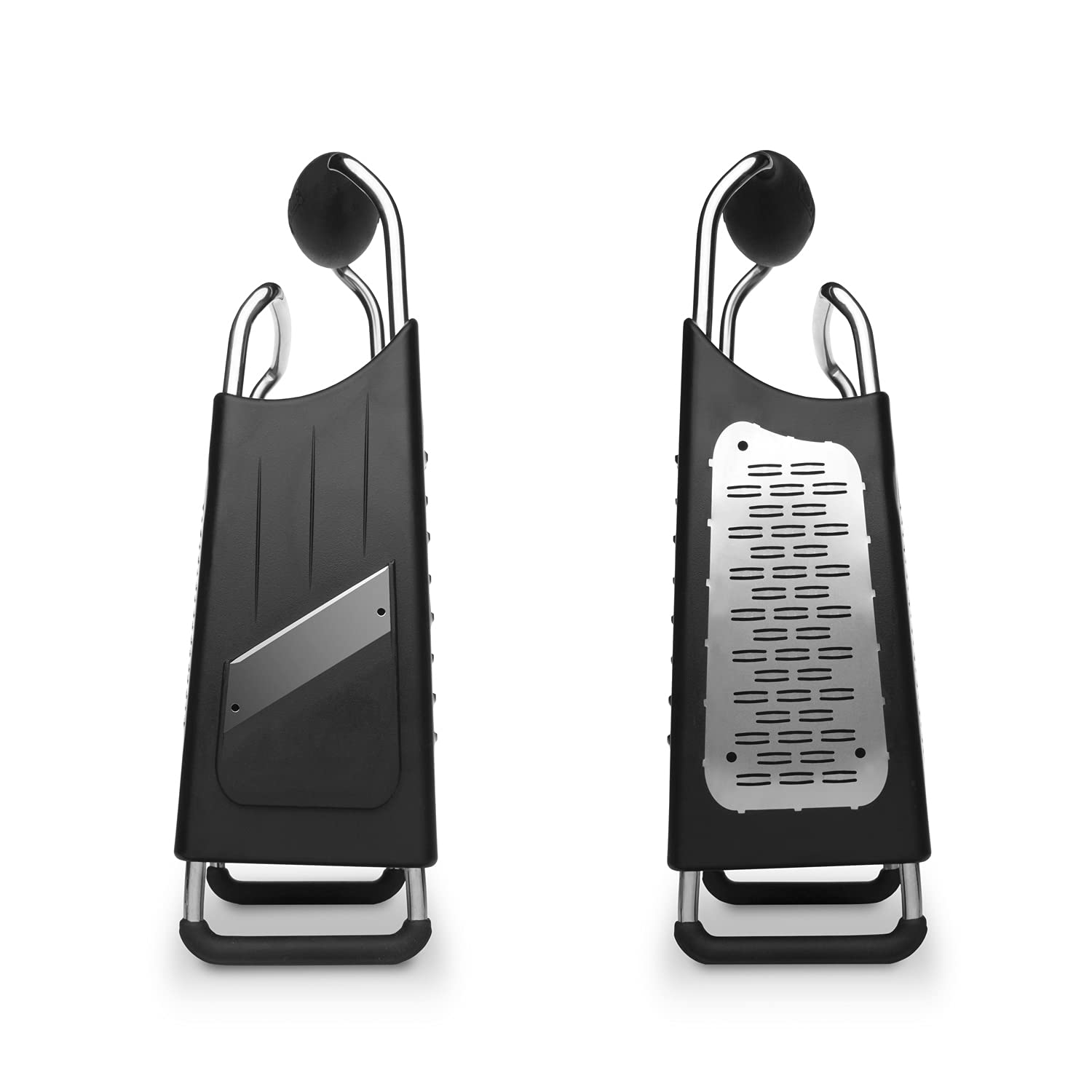 Microplane four-sided box grater ribbon blade, creates curls and bi-directional shredding.