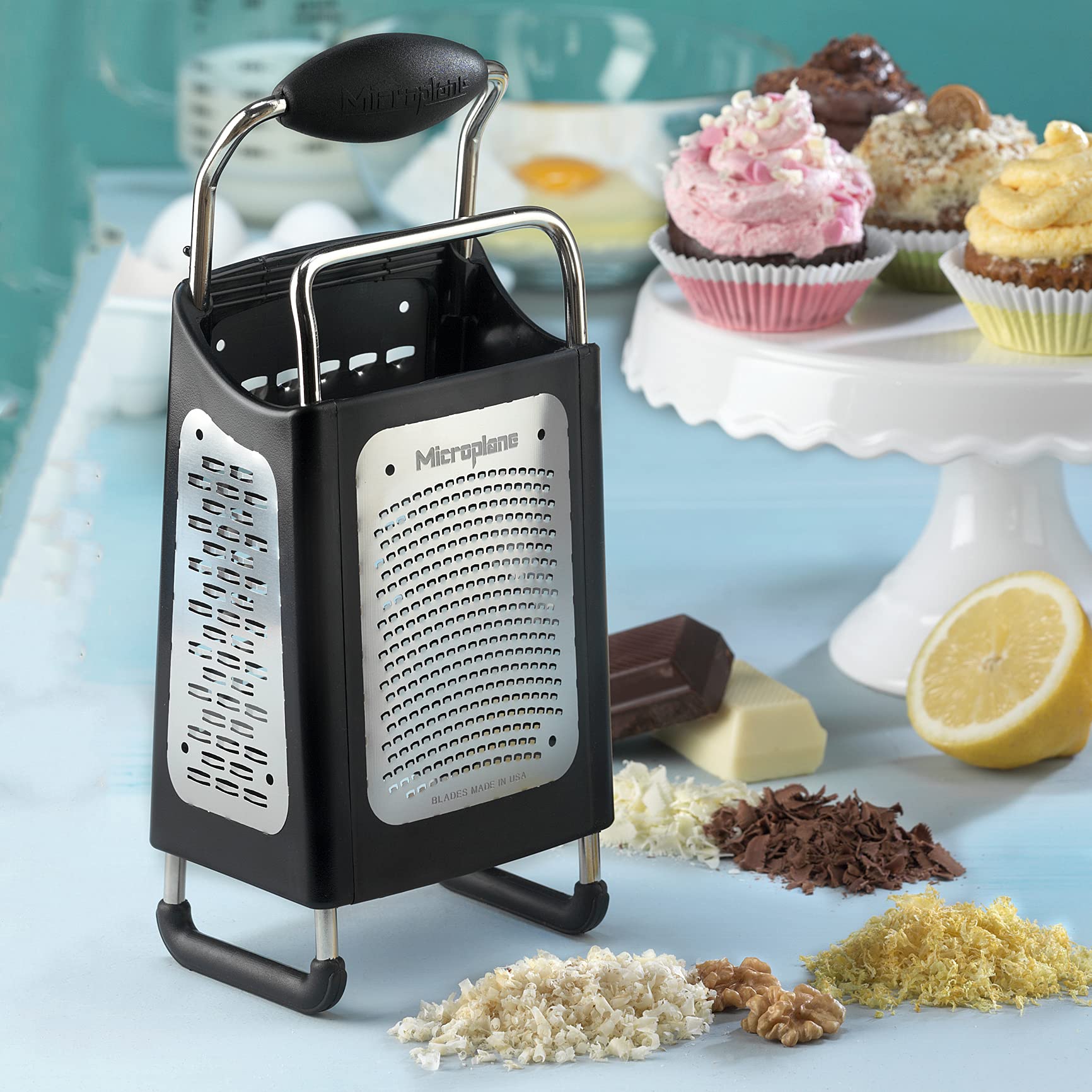Microplane four-sided box grater safety cover keeps hands safe.