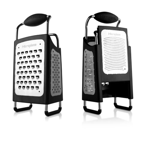 Microplane four-sided box grater with slicer blade, ideal for even slicing.