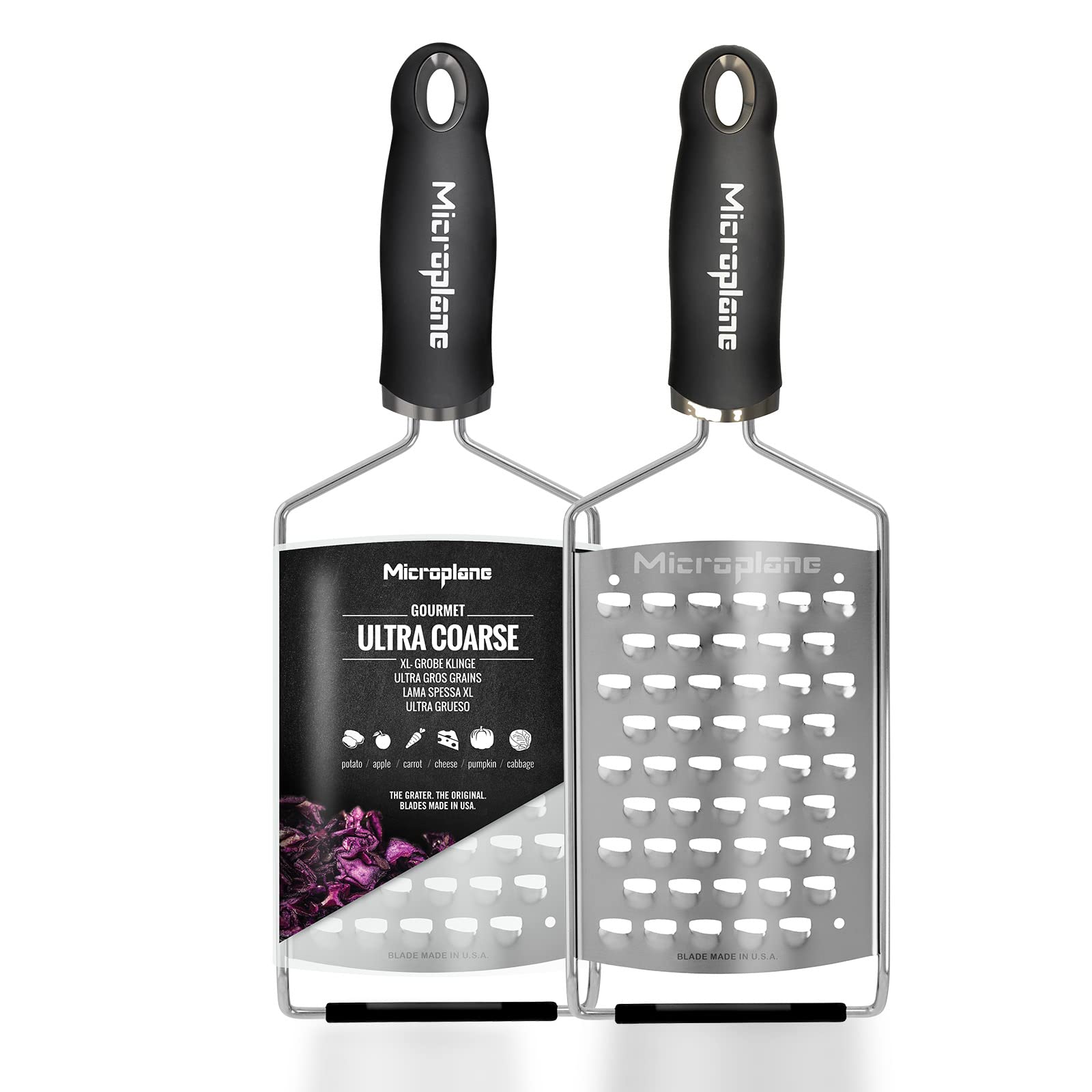 Microplane Gourmet Ultra Coarse Grater front view with stable non-slip base for confident grating.