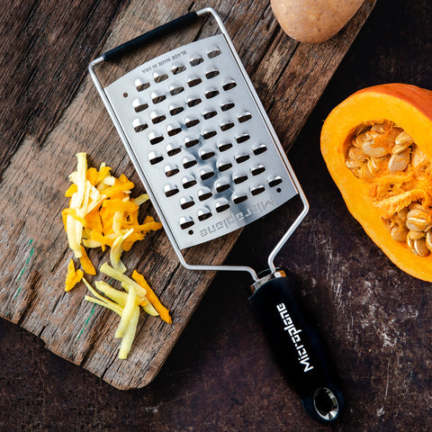 Microplane Gourmet Ultra Coarse Grater wide blade enables large batches of cheese or potatoes.