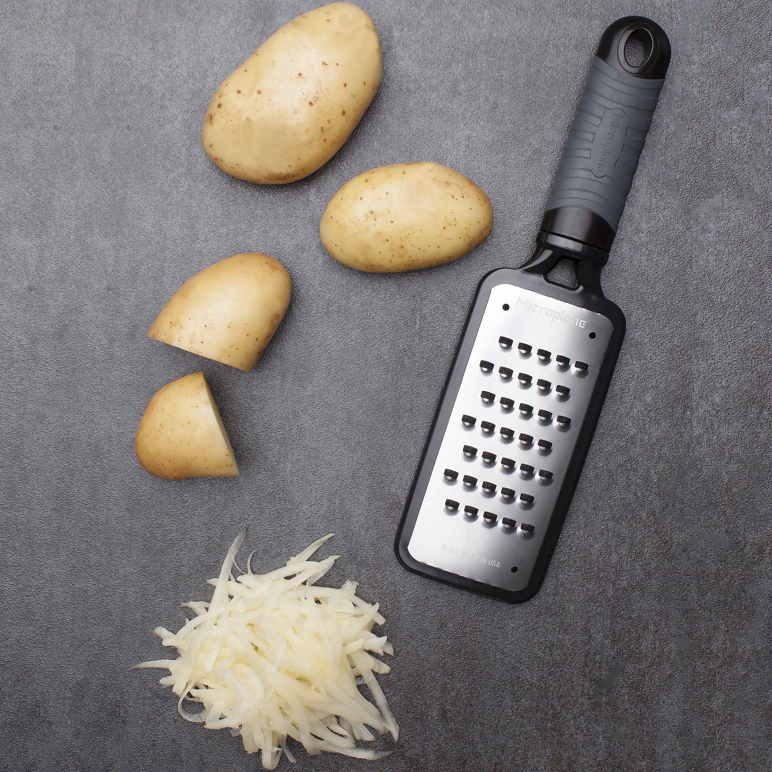 Microplane Home Series Extra Coarse Grater produces crisp apple slices for snacks