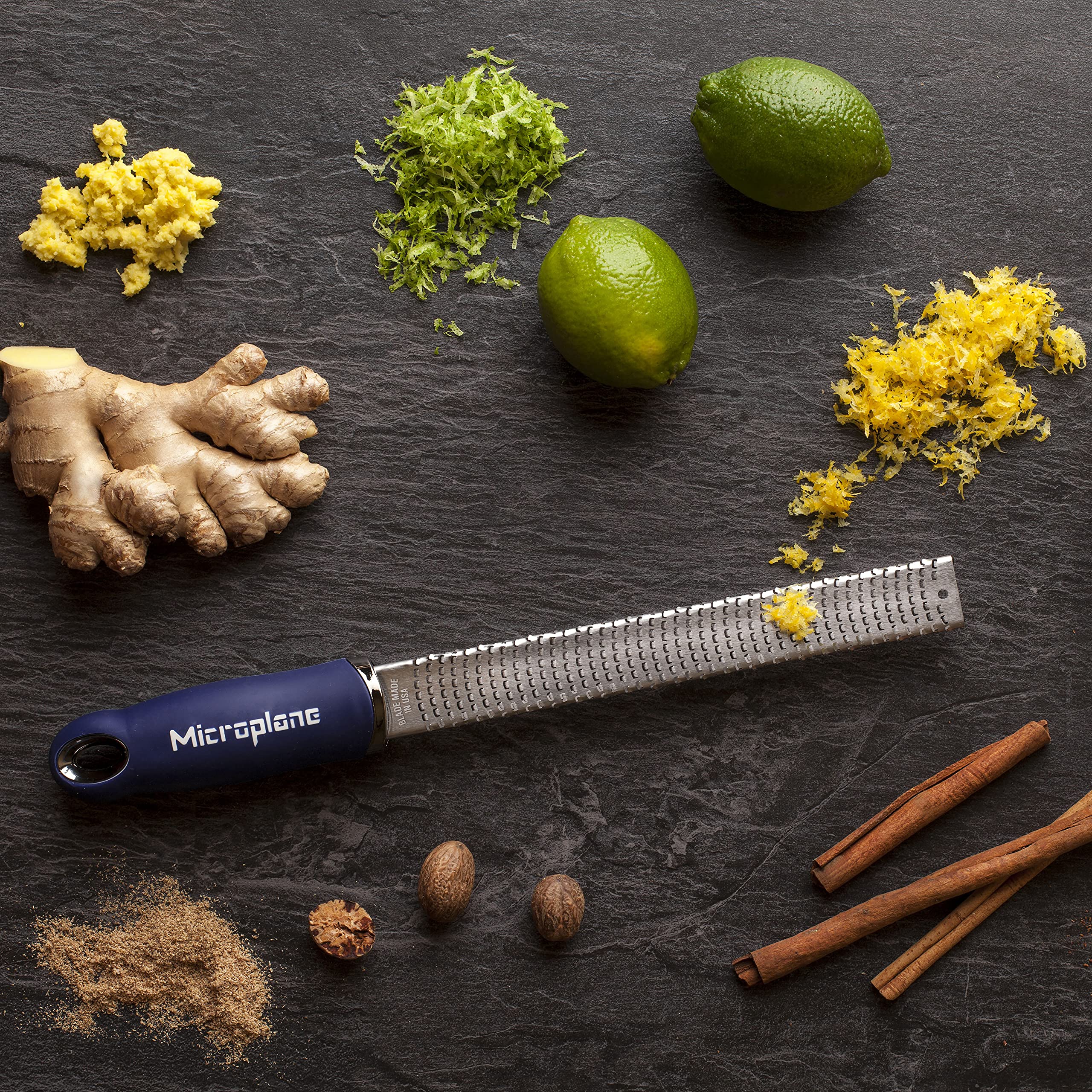 Microplane Premium Citrus Zester in dark blue magnetic strip ready for storage