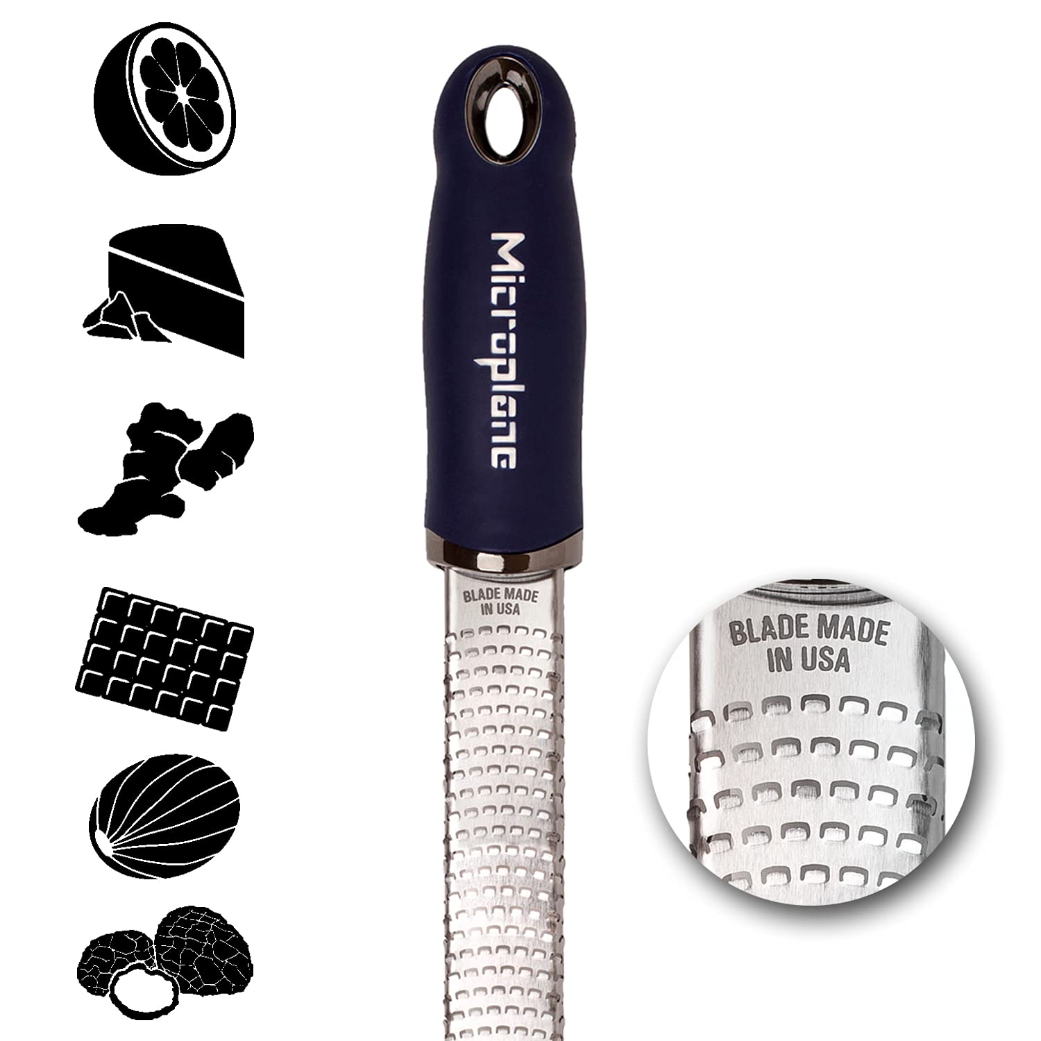 Microplane Premium Citrus Zester in dark blue zesting lemon rind without pith