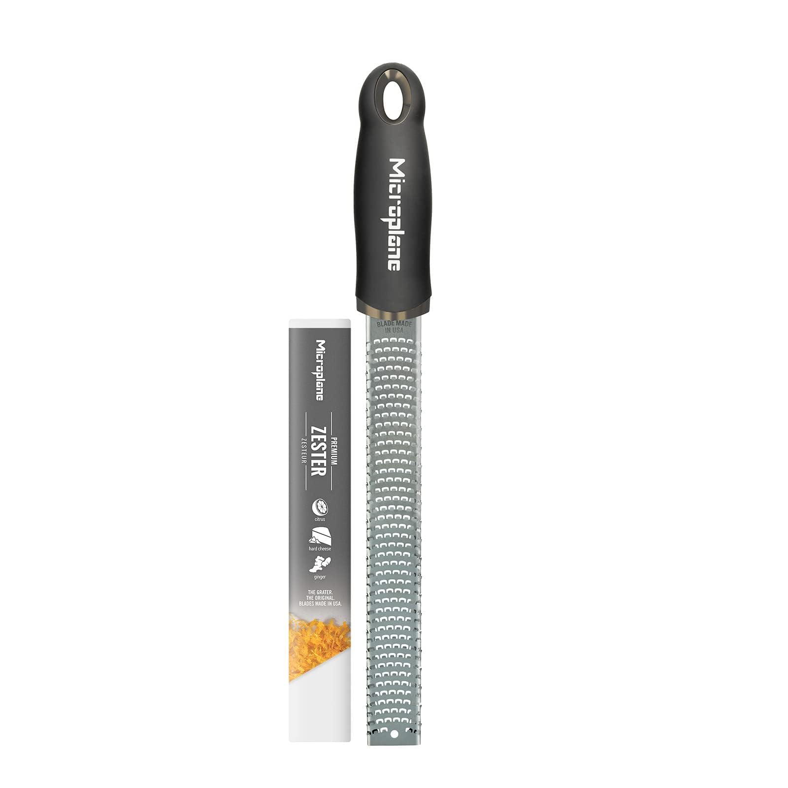 Microplane Premium Classic Zester close-up on black handle for citrus zest