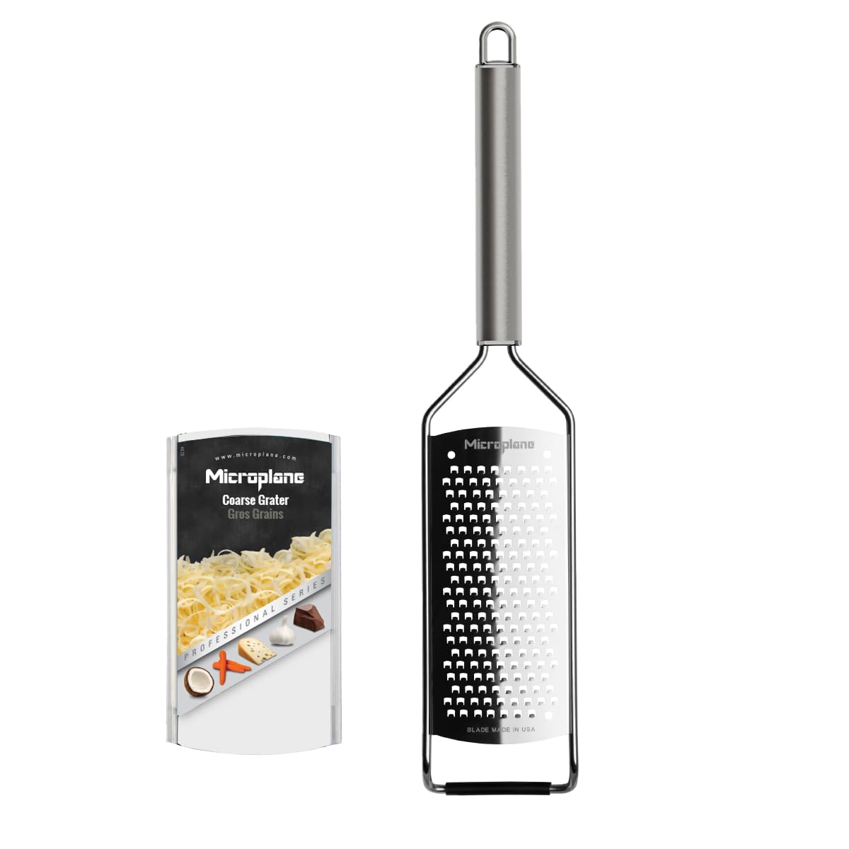 Microplane Professional Coarse Grater for cheese yields easy, even shreds for toppings.
