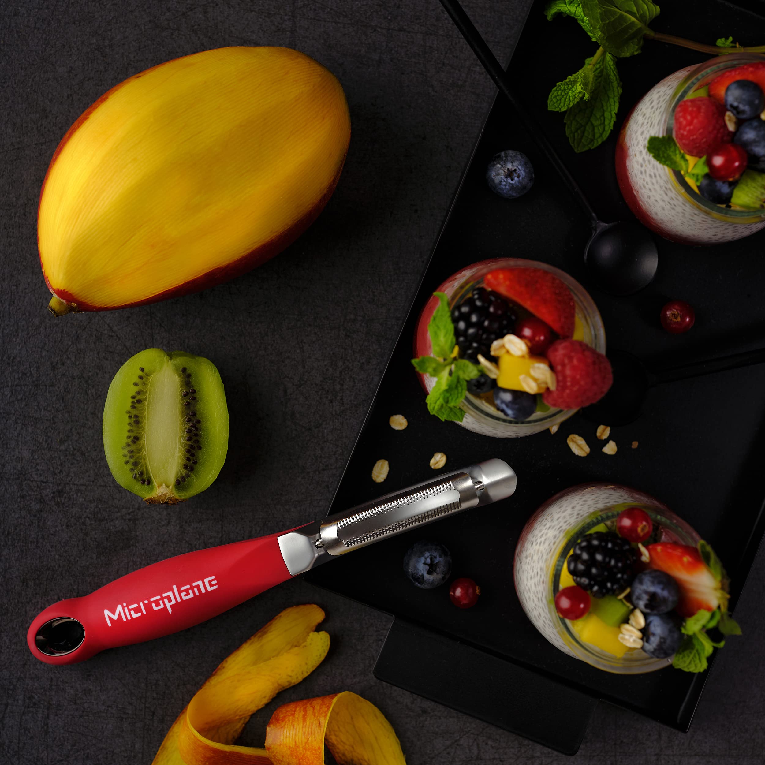 Microplane dishwasher-safe peeler for easy cleanup after prep