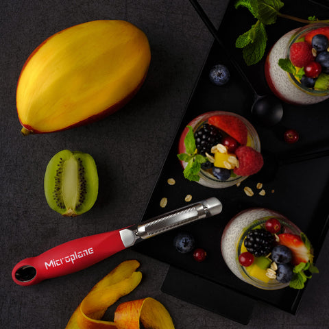 Microplane dishwasher-safe peeler for easy cleanup after prep