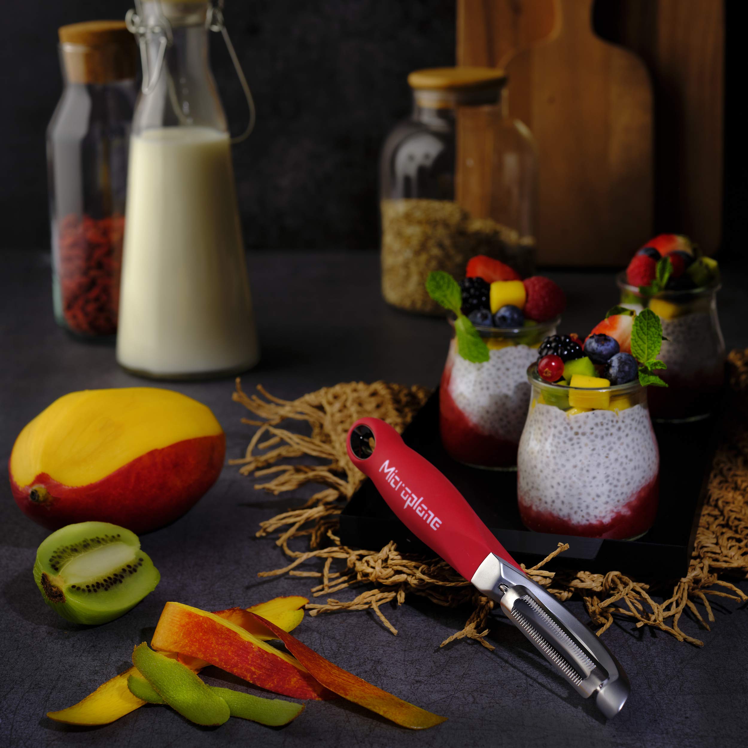Microplane peeler with soft-touch handle for comfortable grip during prep