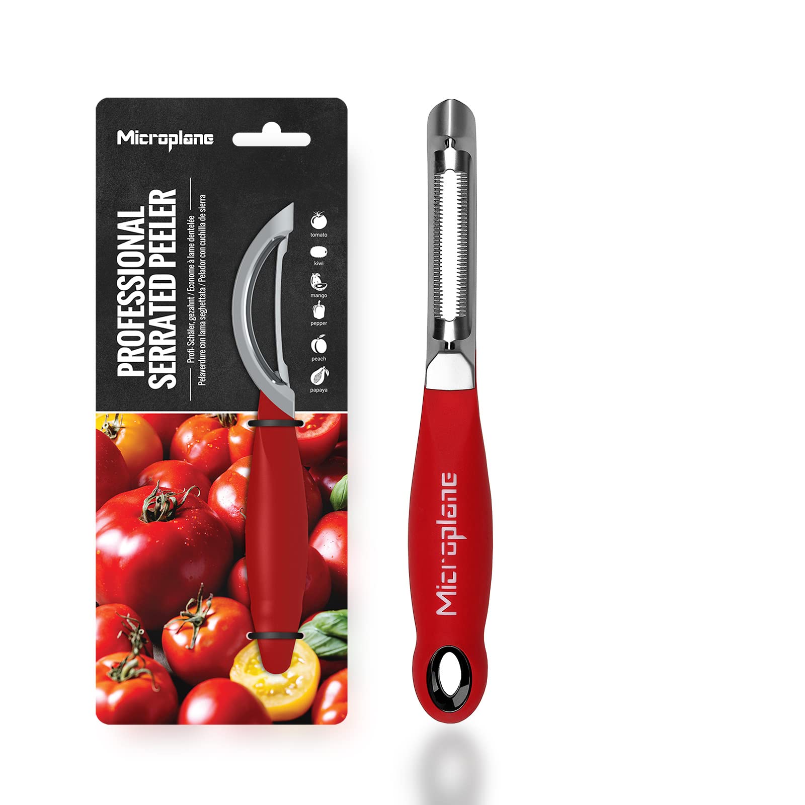 Microplane professional serrated swivel peeler for tomato, effortless skin removal