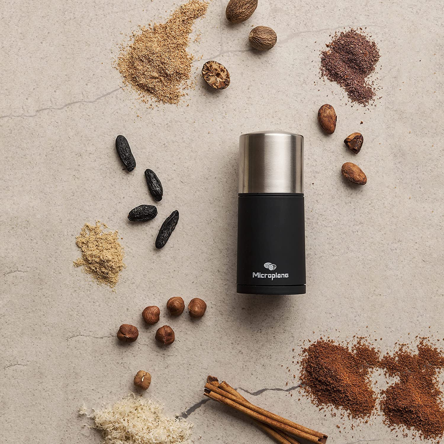 USA-made photoetched blades in Microplane spice mill provide sharp efficiency