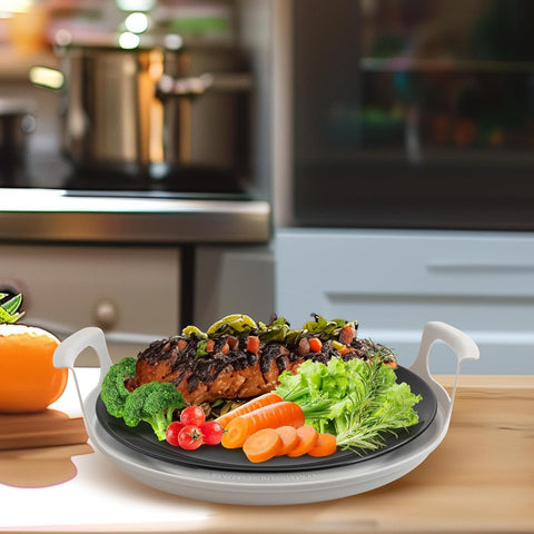 Microwave cool plate doubles as a bowl cozy holder.
