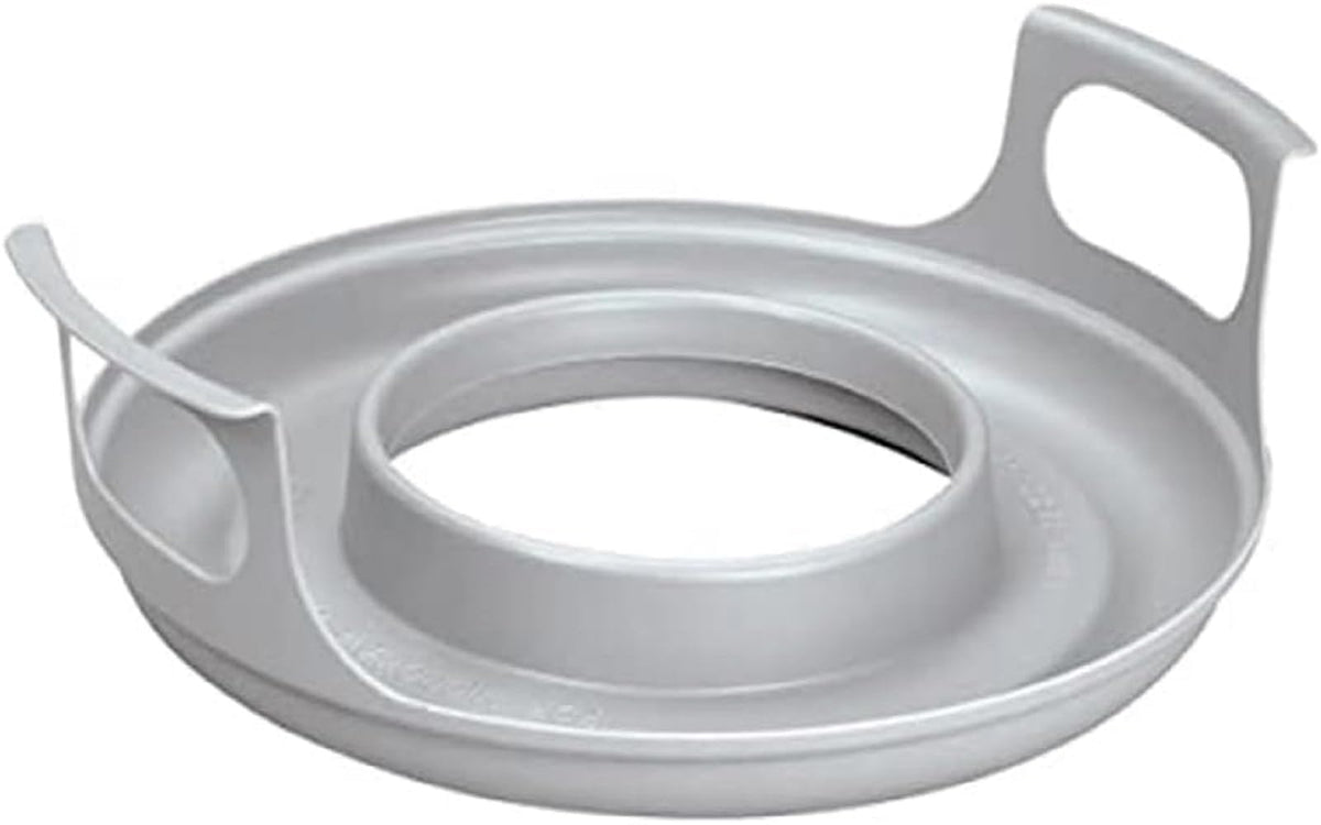 Microwave cool plate with spillover caddy and handles for safe transport.