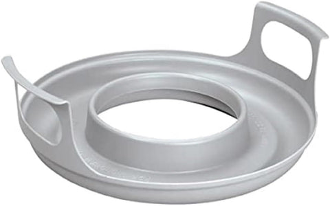 Microwave cool plate with spillover caddy and handles for safe transport.