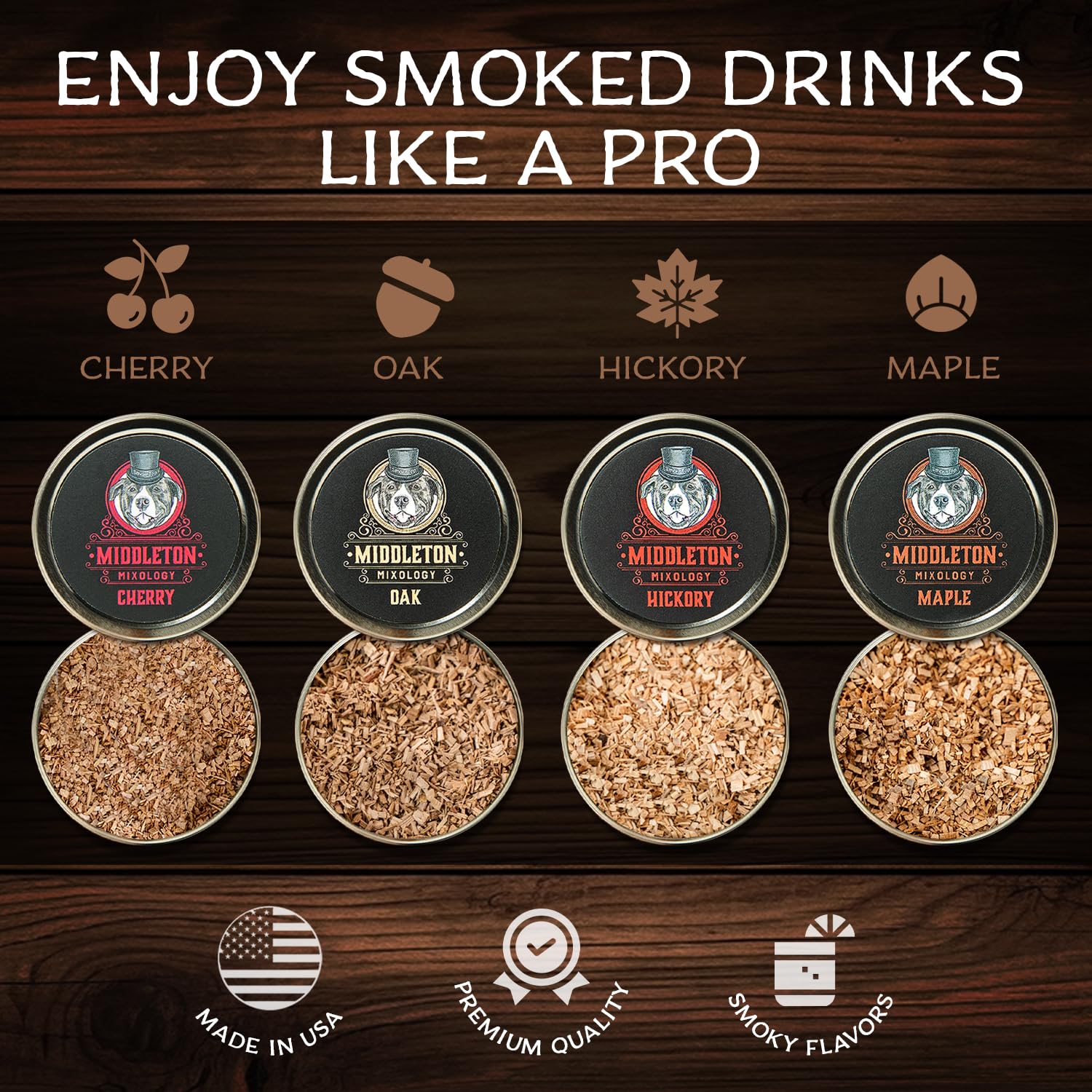 Oak wood chips from Middleton Mixology offer versatile smoke flavor.