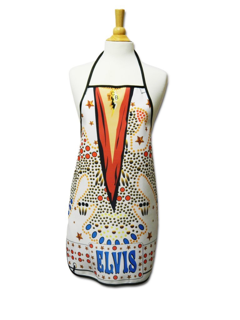 Midsouth Elvis apron front view with jumpsuit print for Elvis-themed cooking.
