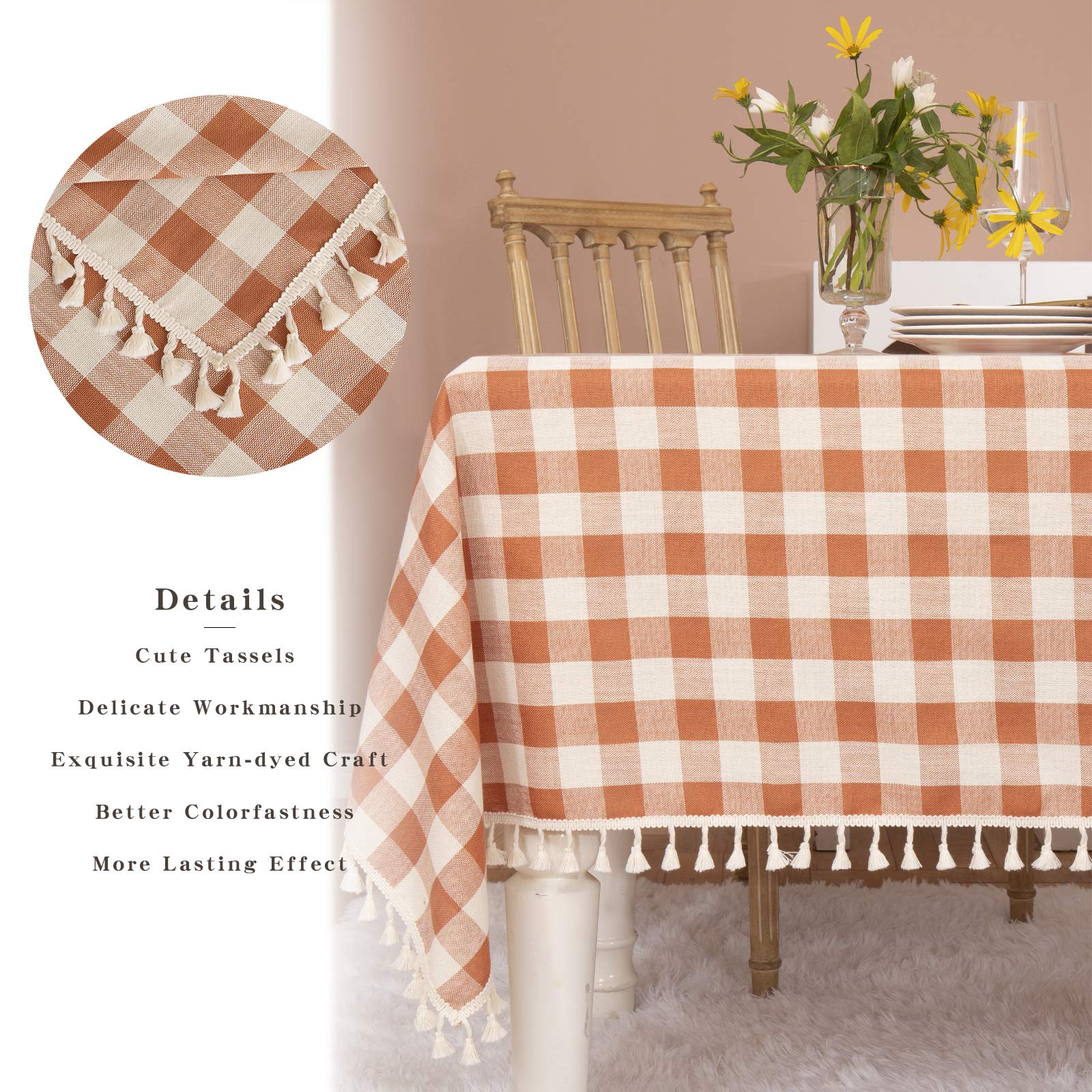 Table setting on orange plaid cloth, ideal for autumn gatherings.