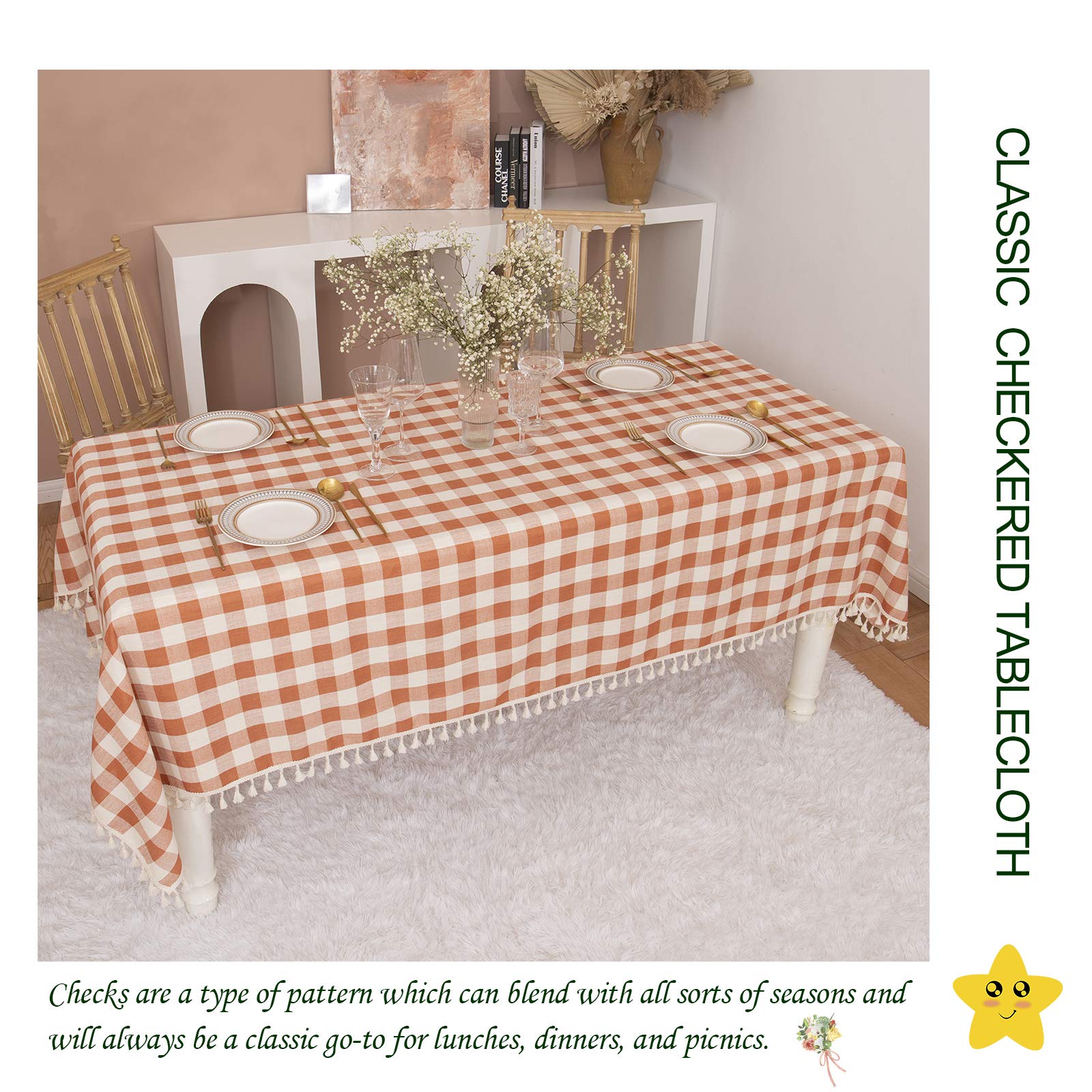 Machine washable cotton tablecloth, easy care after meals.