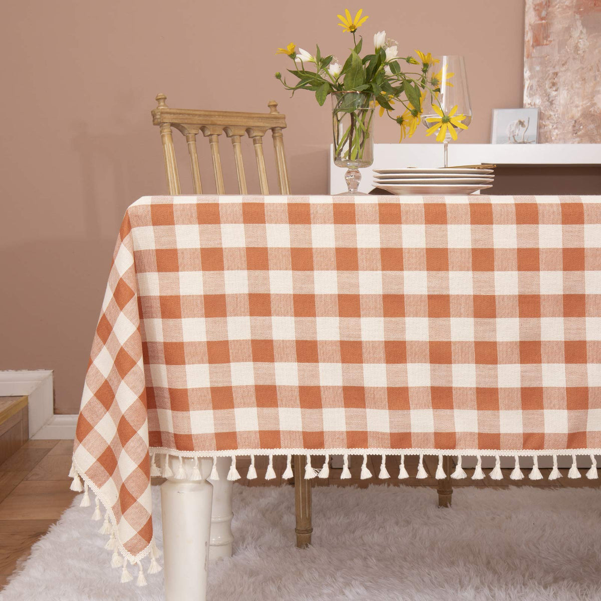 Midsummer Breeze rustic plaid tablecloth in orange checks for farmhouse dining.