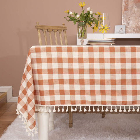 Midsummer Breeze rustic plaid tablecloth in orange checks for farmhouse dining.