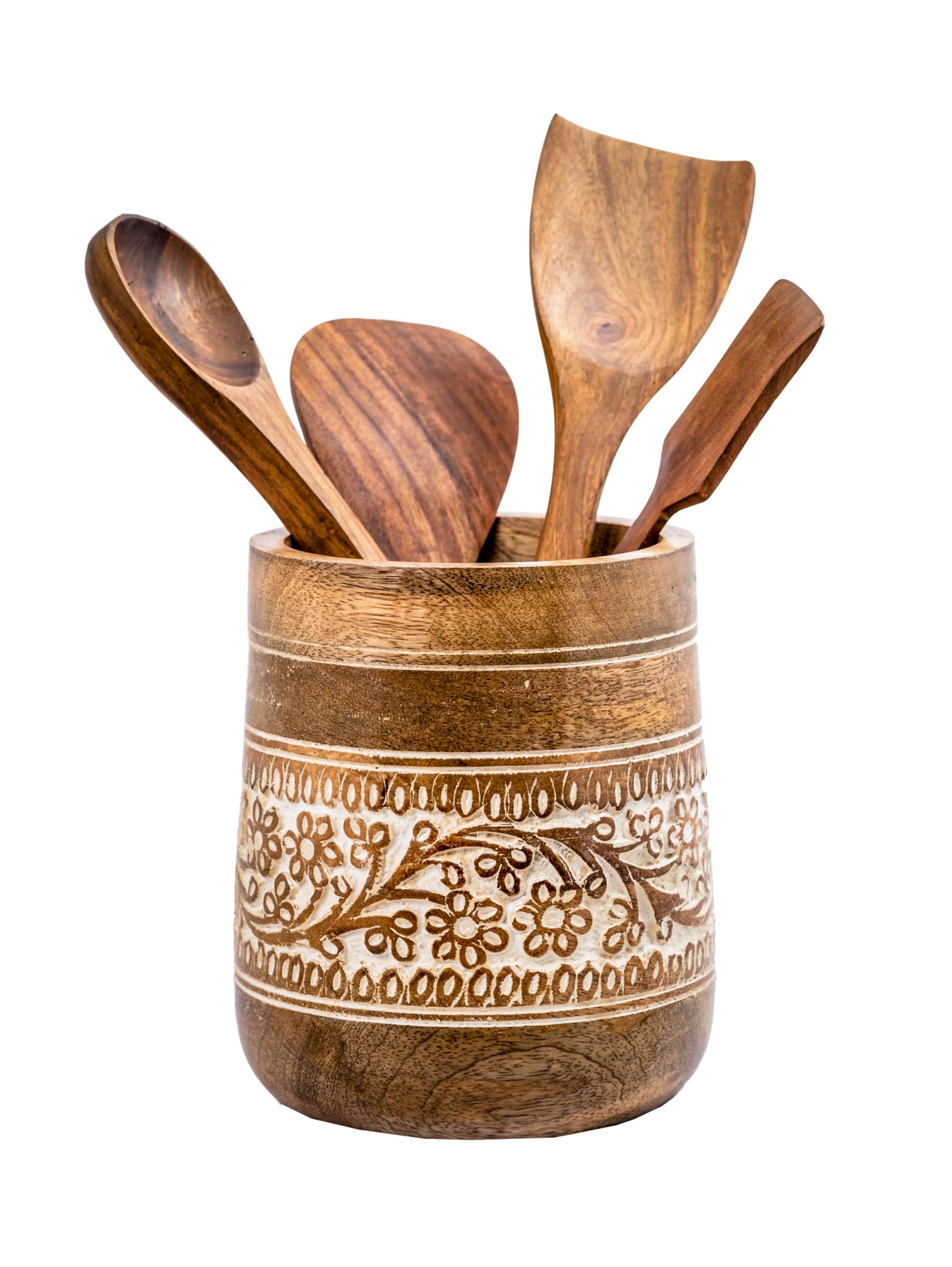Mie Creations farmhouse utensil holder on counter keeps spatulas organized.