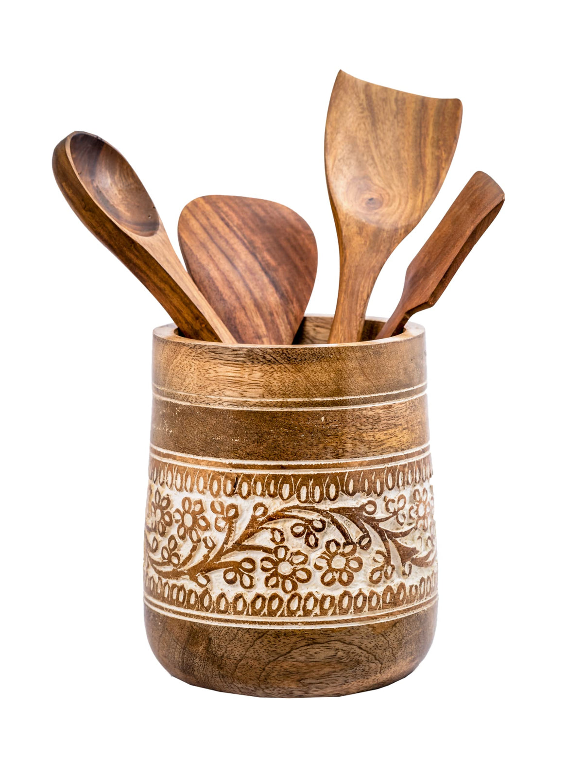 Mie Creations farmhouse utensil holder on counter keeps spatulas organized.