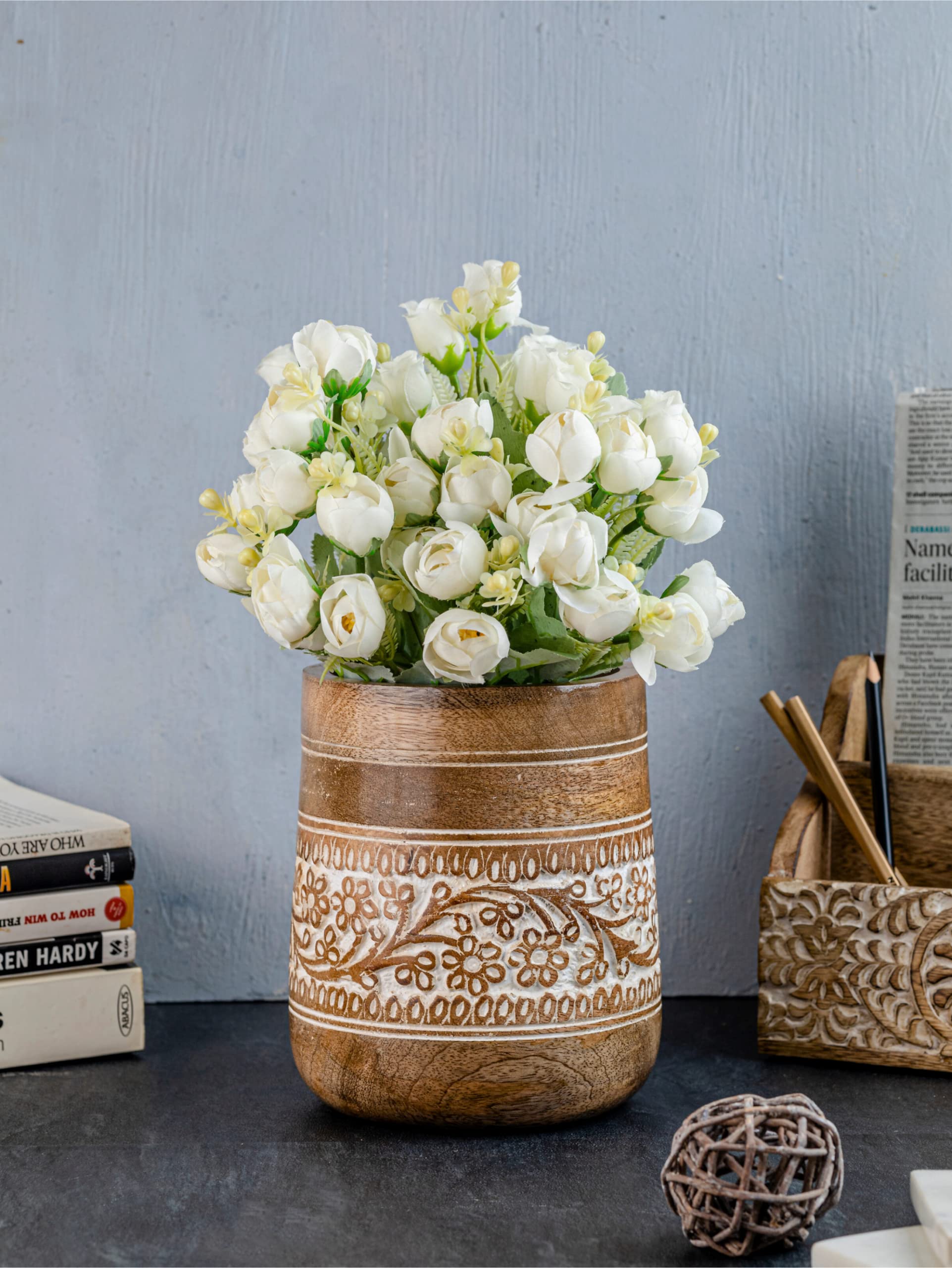 Mie Creations farmhouse decor vase option with fresh flowers.