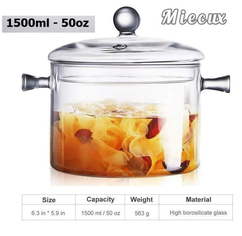 Miecux Glass Saucepan on counter showing compact 1.5L capacity for small batches.