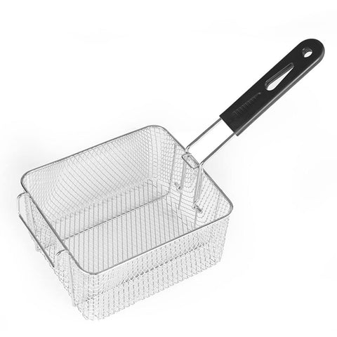 Miecux stainless square fry basket with rubber handle for safe frying.
