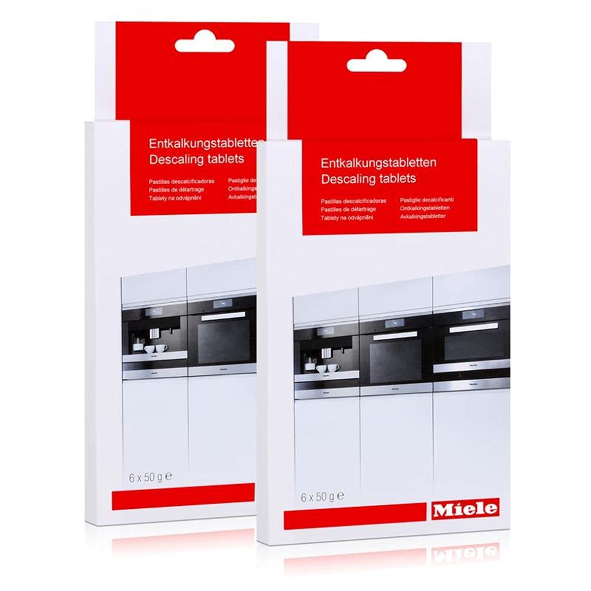 Miele descaling tablets pack of 2 front view for CVA 2650, helps prevent mineral buildup